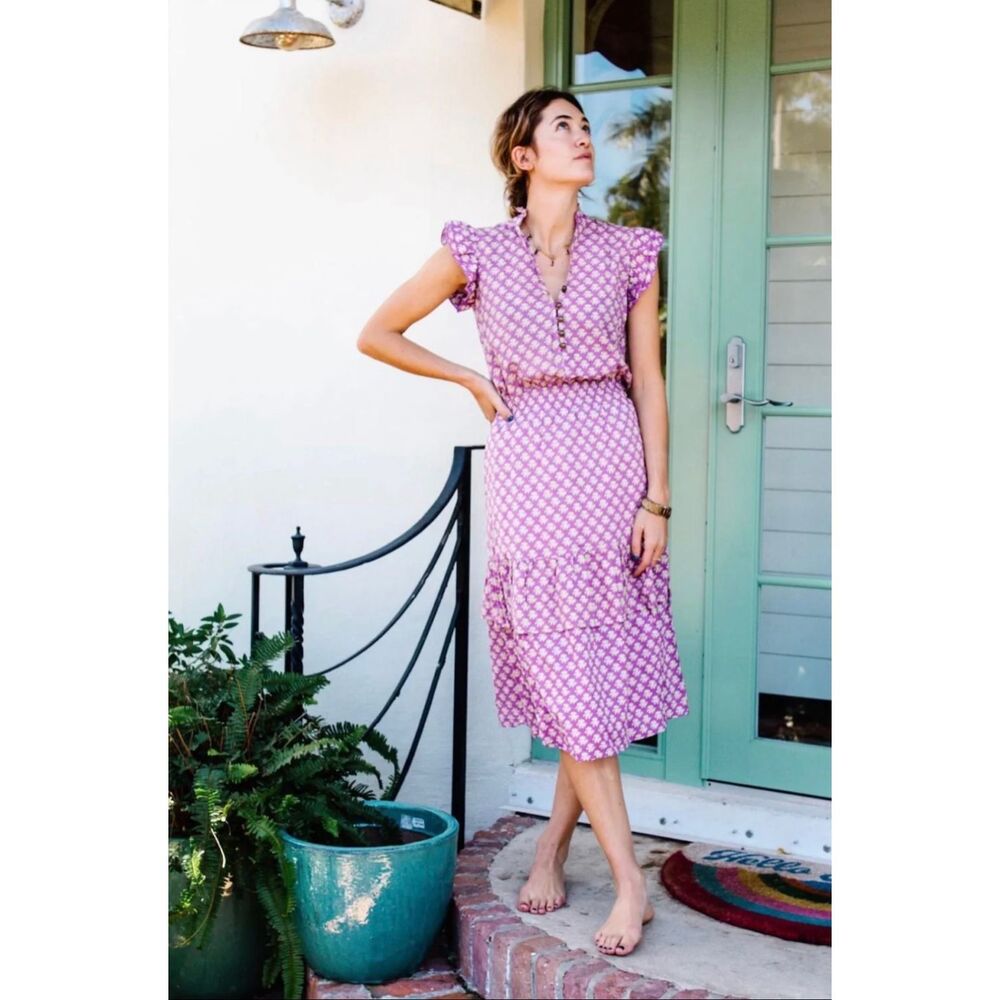 NWT Perry Walker Collective Cornelia Purple Block Print Boho Dress 2 Medium